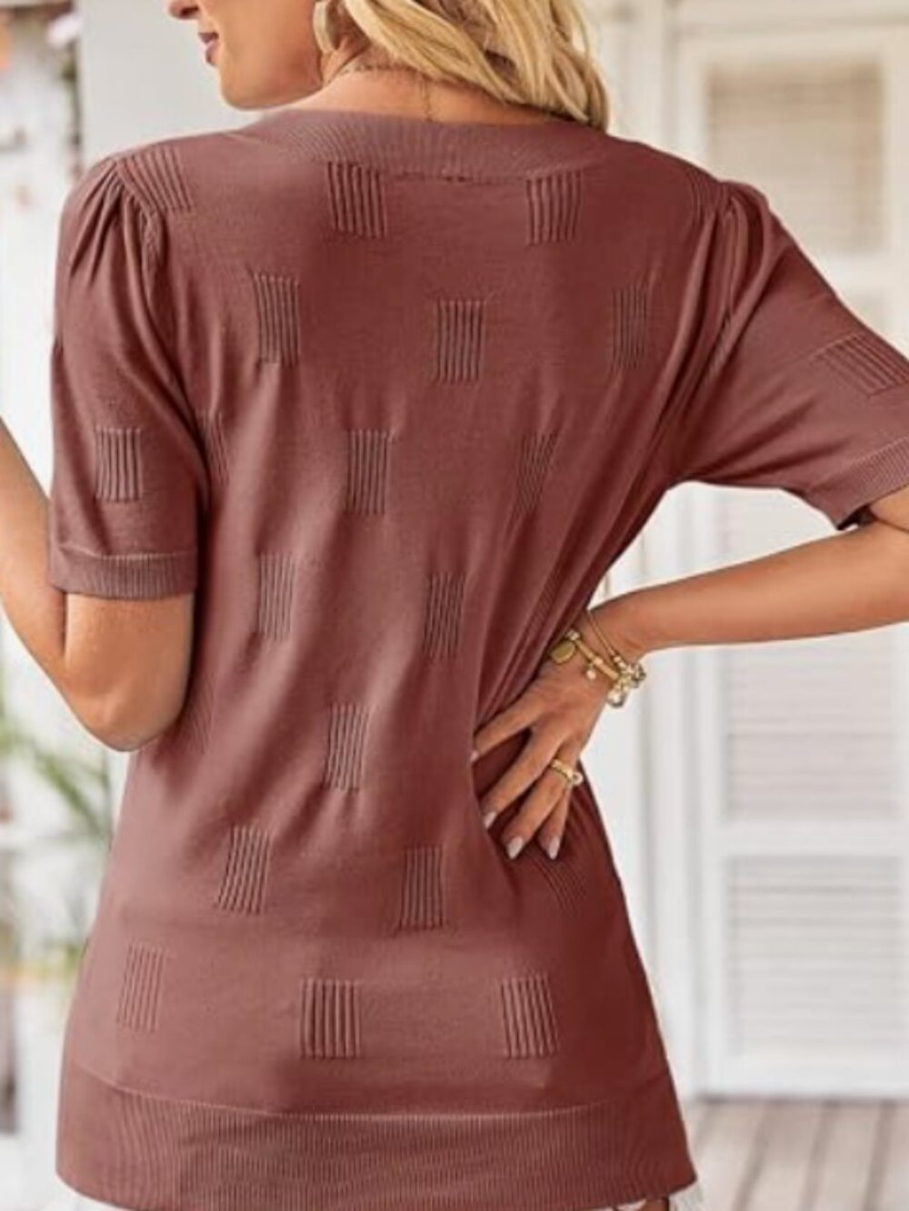 Women's V-neck Short Sleeve Blouse - Picture 3 of 5